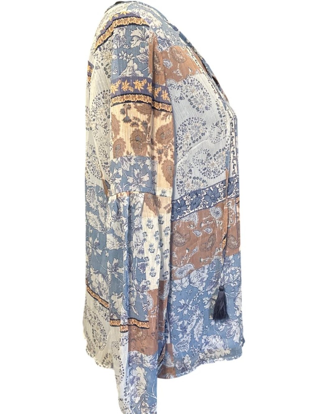 Womens Boho Patchwork Long-Sleeve Blouse With Tassel Ties By Lucky Brand - Size - Picture 3 of 4